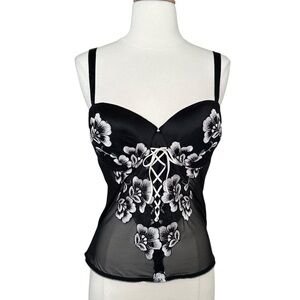 SOMA Corset Bustier Black and‎ White Floral Embroidered Sheer Mesh Gothic XL